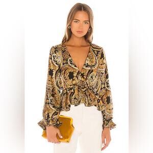 HOUSE OF HARLOW 1960 X REVOLVE Maisha Top Gold & Black Paisley Ruffles Peplum XS